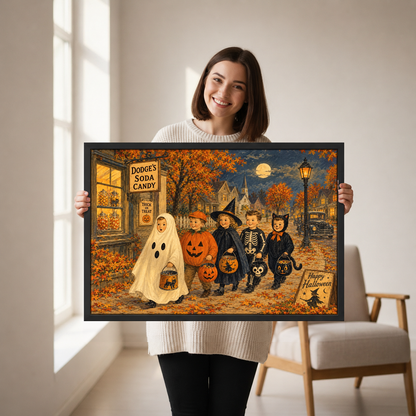 Trick Treat Canvas Wall Art framed above a cream sofa with wooden arms.