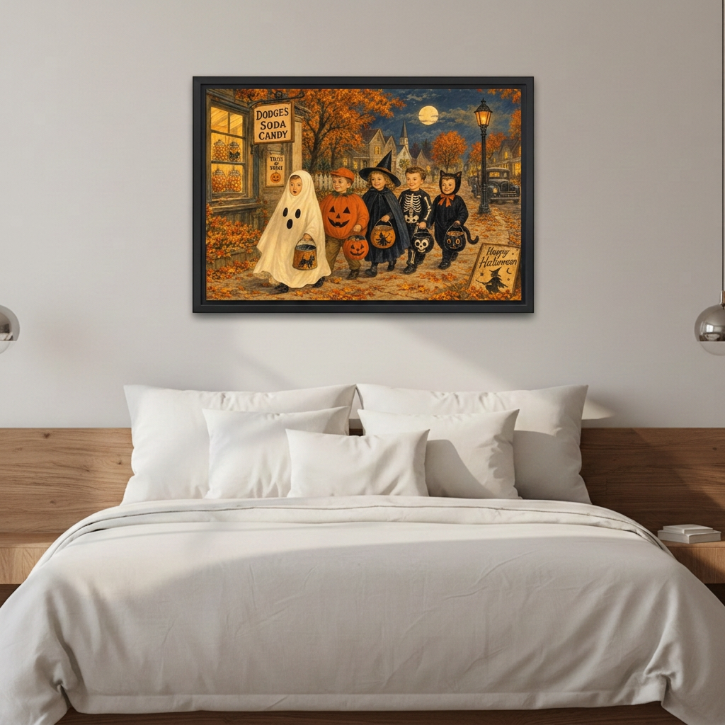 Trick Treat Canvas Wall Art framed above white bedding and a warm wood headboard.