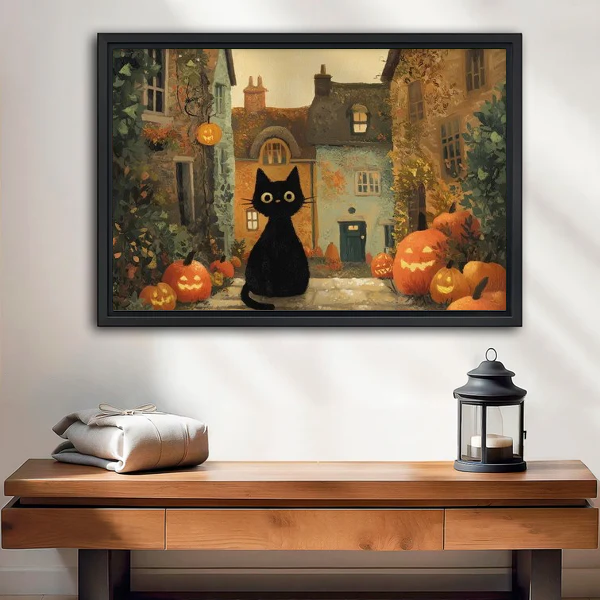 Halloween Cat Canvas Wall Art framed above a wood console with linen and a lantern.