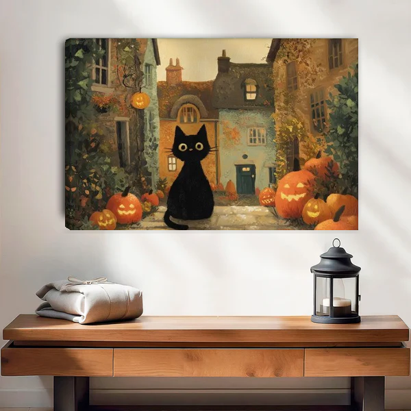 Halloween Cat Canvas Wall Art unframed above a wood console with linen and a lantern.