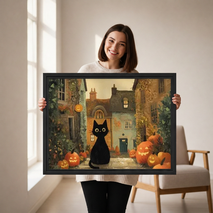 Halloween Cat Canvas Wall Art held in a black landscape frame by a standing woman.