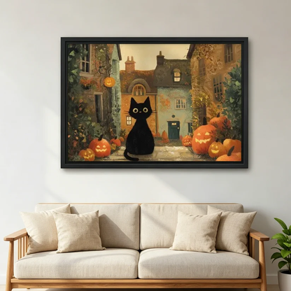 Halloween Cat Canvas Wall Art framed above sofa.