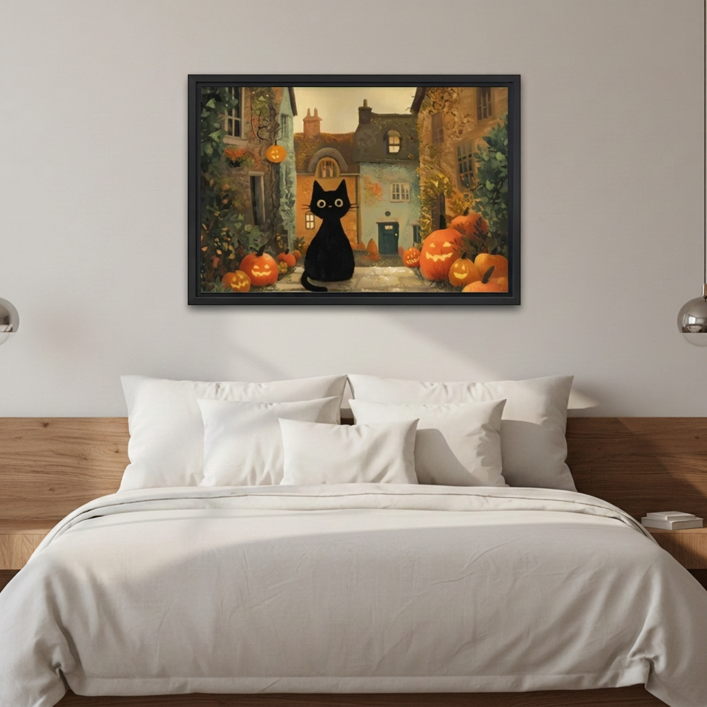 Halloween Cat Canvas Wall Art framed above white bedding and a warm wood headboard.