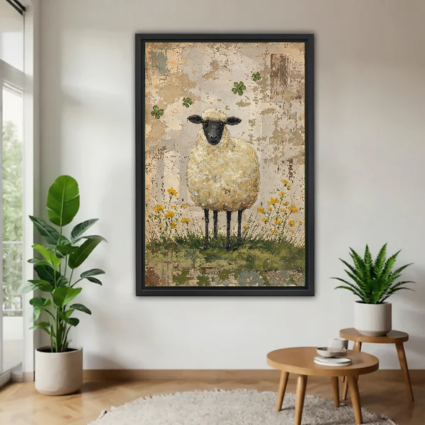 Clover Sheep Canvas Wall Art framed above a wood table with green plants.