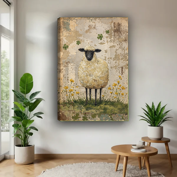 Clover Sheep Canvas Wall Art unframed above a wood table with green plants.