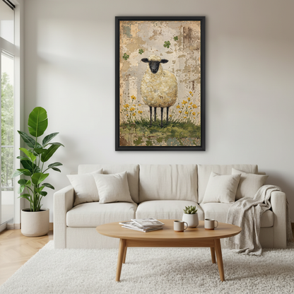 Clover Sheep Canvas Wall Art framed above a white sofa and round coffee table.