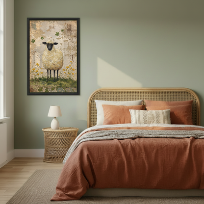 Clover Sheep Canvas Wall Art framed above copper bedding against a muted olive wall.