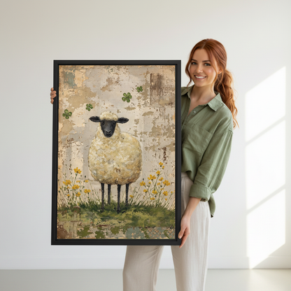 Clover Sheep Canvas Wall Art held in a black frame by a woman wearing green.