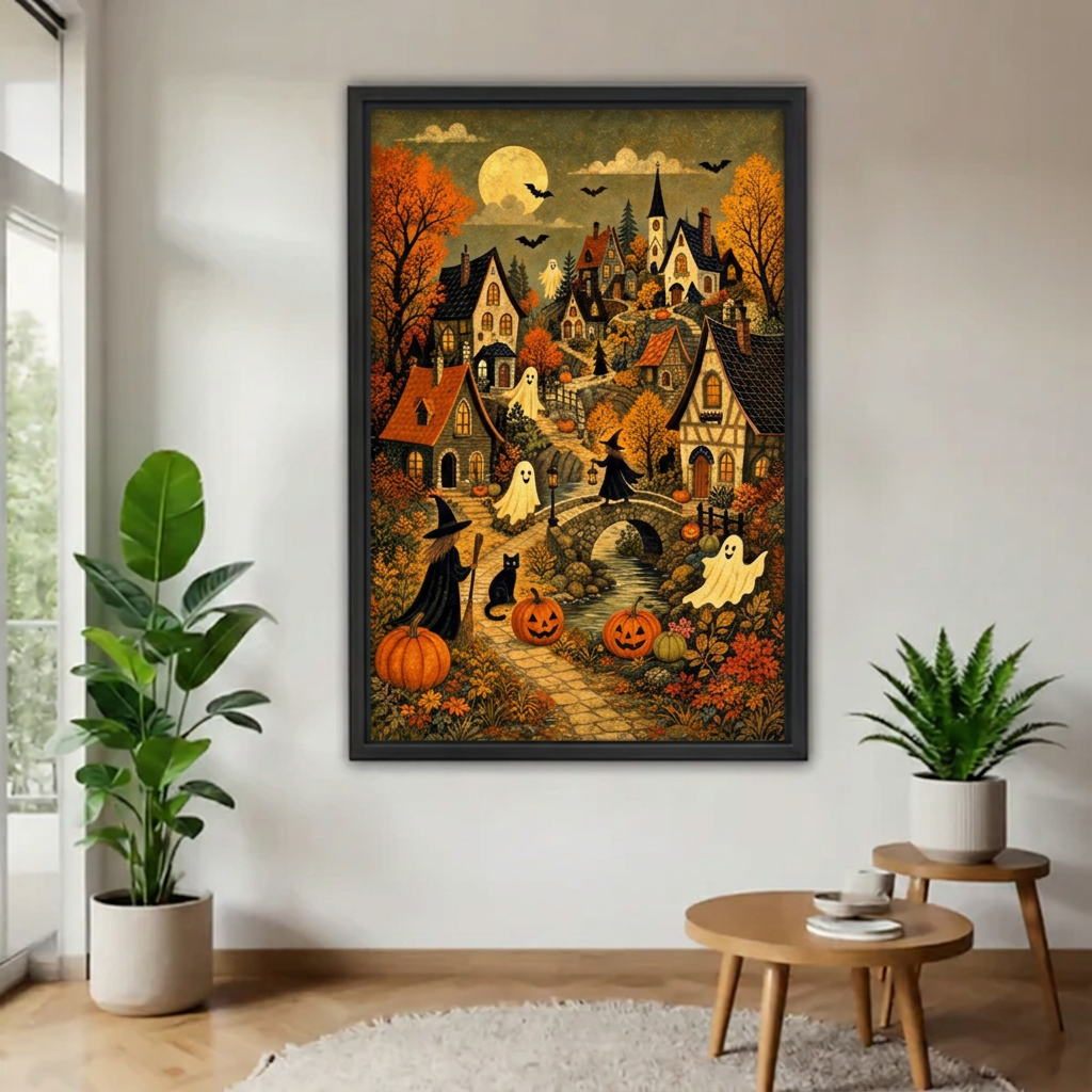 Halloween Village Canvas Wall Art framed above a wood table with green plants.