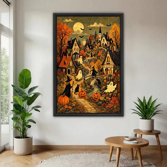 Halloween Village Canvas Wall Art framed above a wood table with green plants.