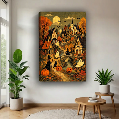 Halloween Village Canvas Wall Art unframed above a wood table with green plants.