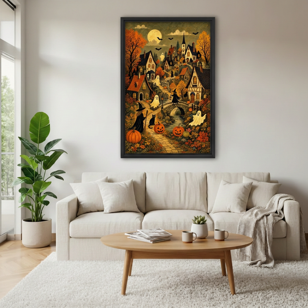 Halloween Village Canvas Wall Art framed above a white sofa and round coffee table.