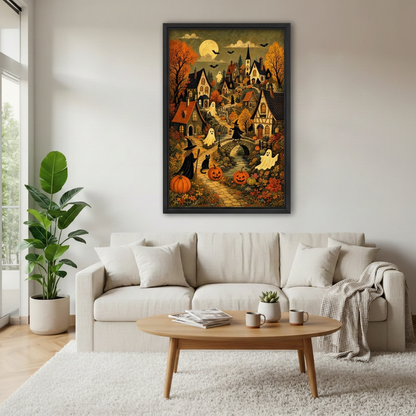Halloween Village Canvas Wall Art framed above a white sofa and round coffee table.