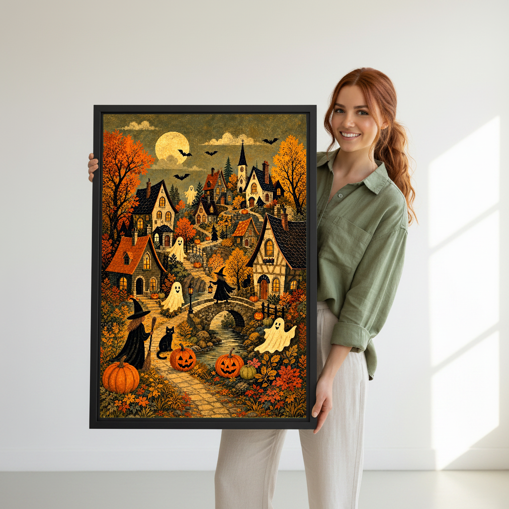 Halloween Village Canvas Wall Art held in a black frame by a woman wearing green.
