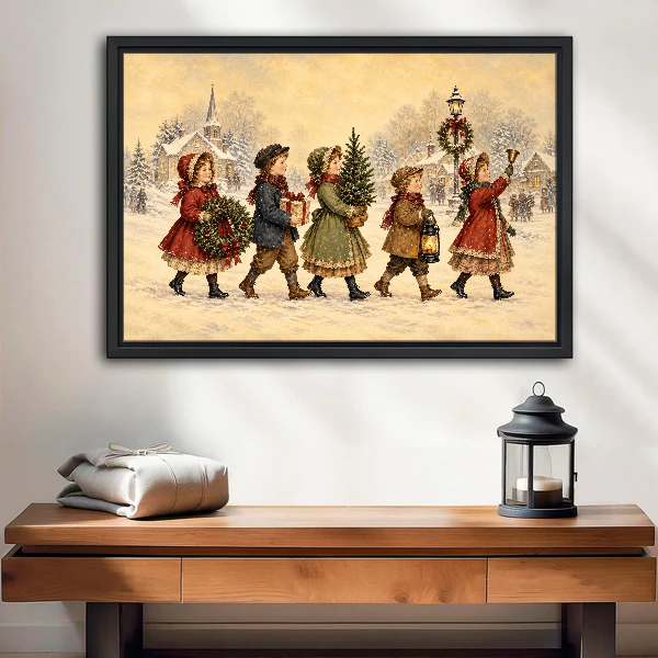 Christmas Children Canvas Wall Art framed above a wood console with linen and a lantern.