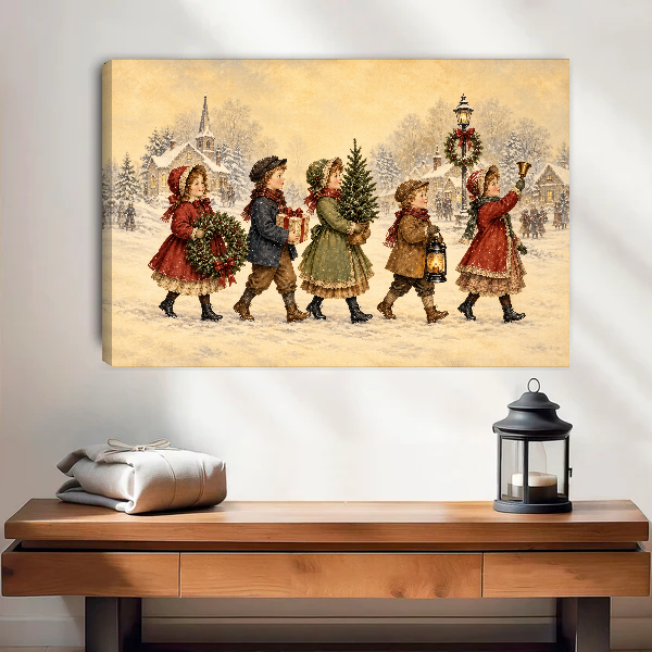 Christmas Children Canvas Wall Art unframed above a wood console with linen and a lantern.