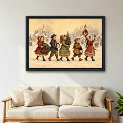 Christmas Children Canvas Wall Art held in a black landscape frame by a standing woman.
