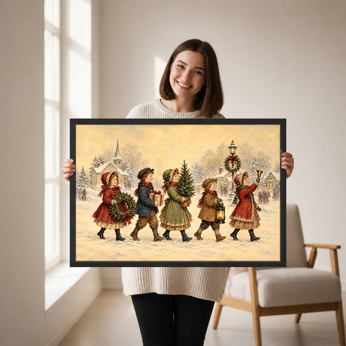 Christmas Children Canvas Wall Art framed above a cream sofa with wooden arms.