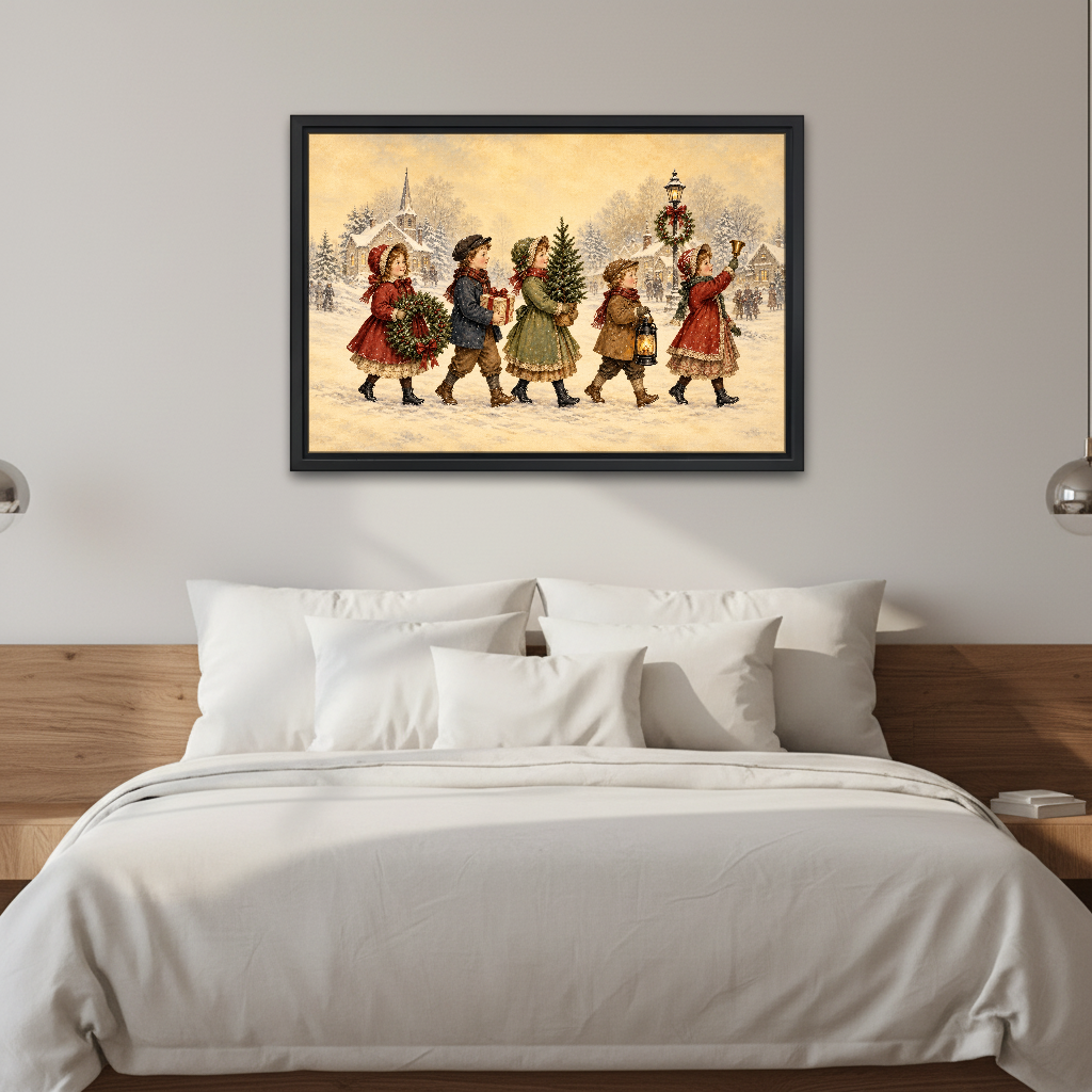 Christmas Children Canvas Wall Art framed above white bedding and a warm wood headboard.