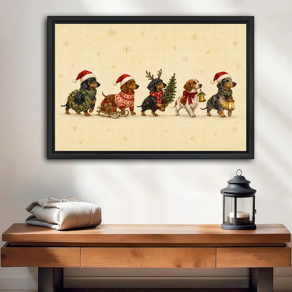Festive Dogs Canvas Wall Art framed above a wood console with linen and a lantern.