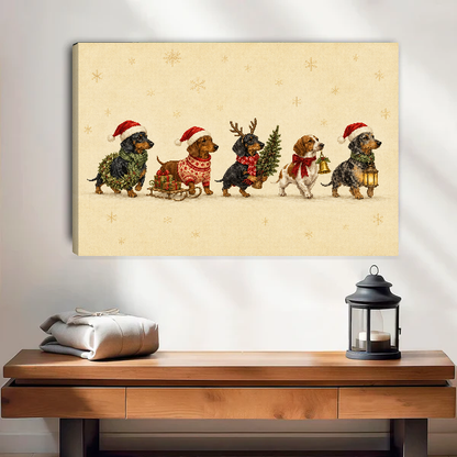 Festive Dogs Canvas Wall Art unframed above a wood console with linen and a lantern.