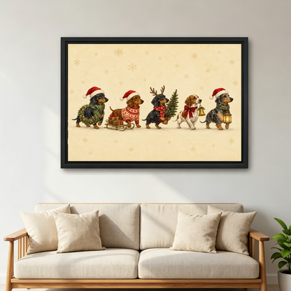 Festive Dogs Canvas Wall Art framed above a cream sofa with wooden arms.