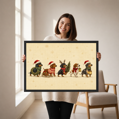 Festive Dogs Canvas Wall Art held in a black landscape frame by a standing woman.