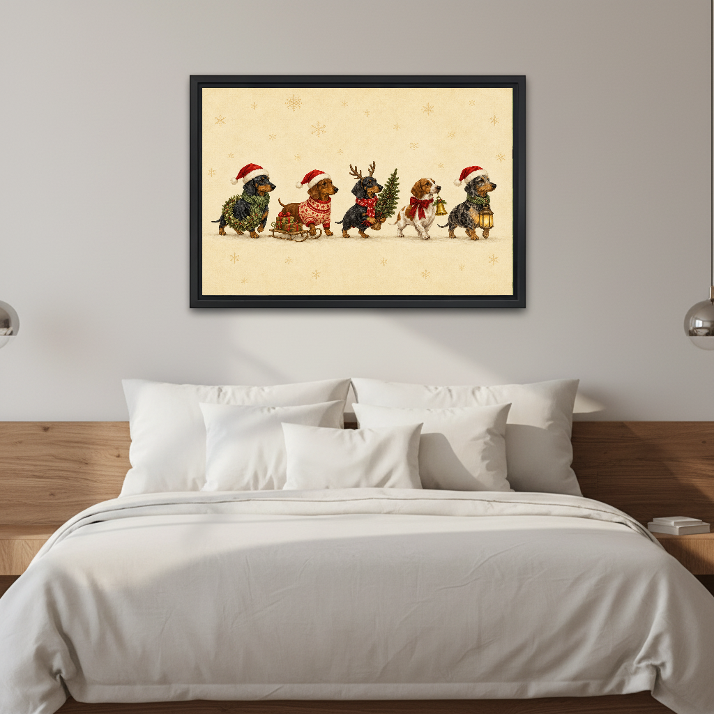 Festive Dogs Canvas Wall Art framed above white bedding and a warm wood headboard.