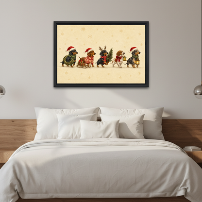 Festive Dogs Canvas Wall Art framed above white bedding and a warm wood headboard.