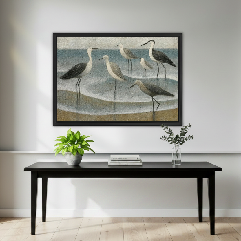 Coastal Gulls Canvas Wall Art framed above a black console with small green plants.