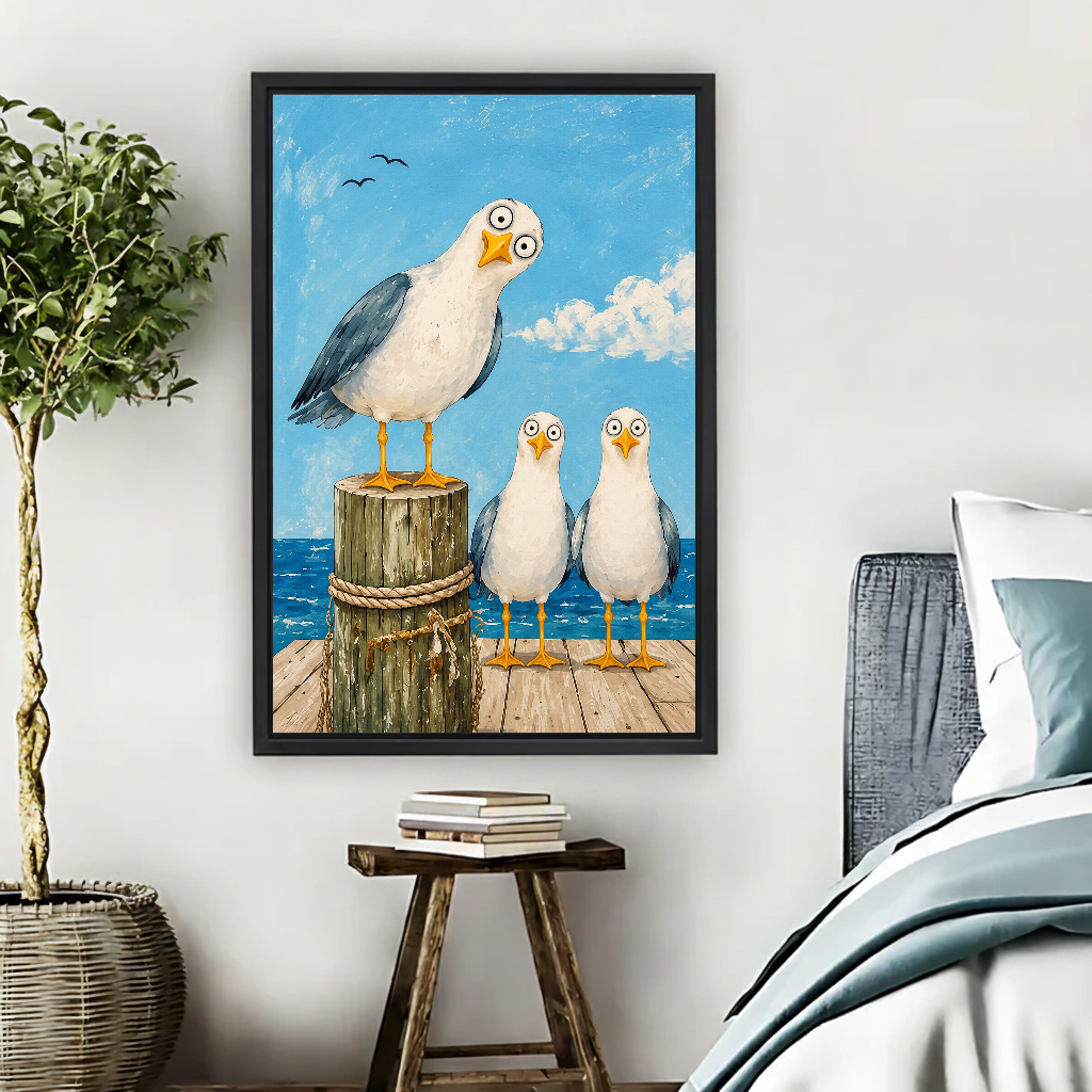Seagull Trio Canvas Wall Art framed beside blue bedding, a leafy plant, and books.