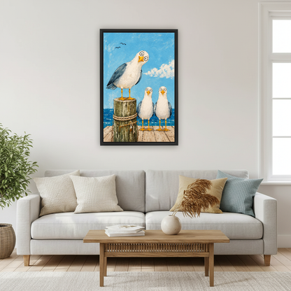 Seagull Trio Canvas Wall Art framed above a pale gray sofa and wood table.