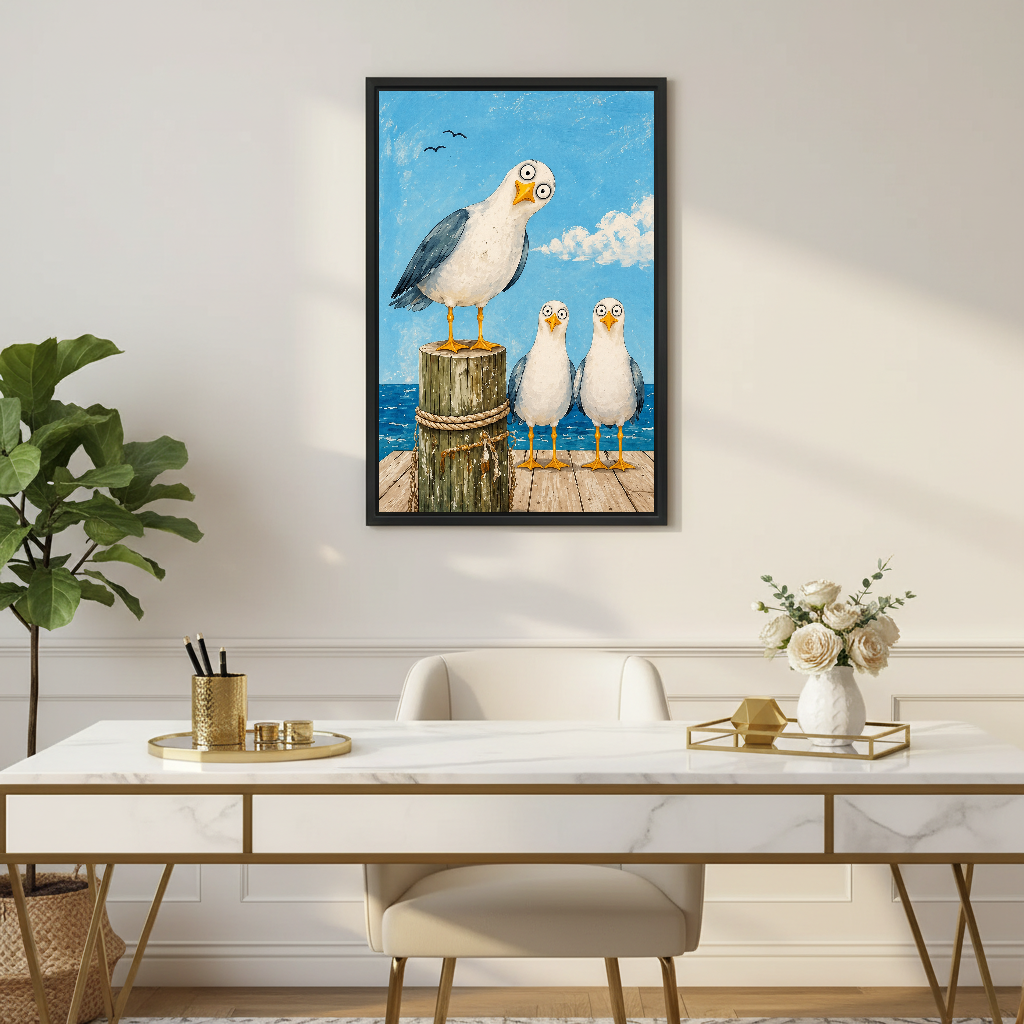 Seagull Trio Canvas Wall Art framed above a white desk with flowers and a chair.