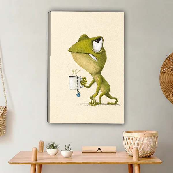Sleepy Frog Canvas Wall Art unframed above a light wood console and woven basket.