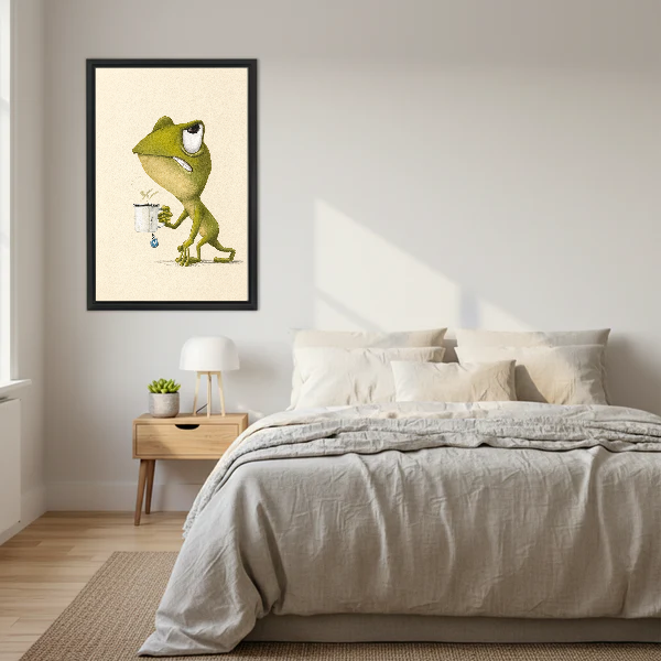 Sleepy Frog Canvas Wall Art framed above a cream bed with wooden nightstands.