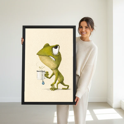 Sleepy Frog Canvas Wall Art held in a black frame by a standing woman in white.