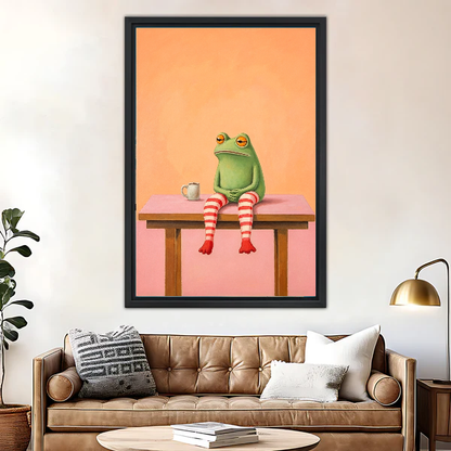 Coffee Frog Canvas Wall Art framed above a leather sofa beside a brass lamp.