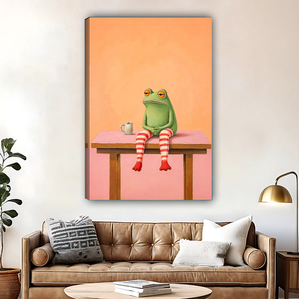 Coffee Frog Canvas Wall Art unframed above a leather sofa and coffee table.