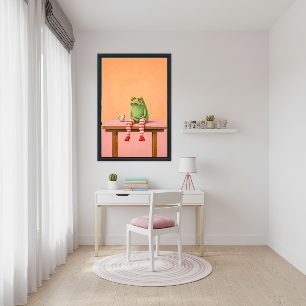 Coffee Frog Canvas Wall Art framed above a white desk with a pink chair.