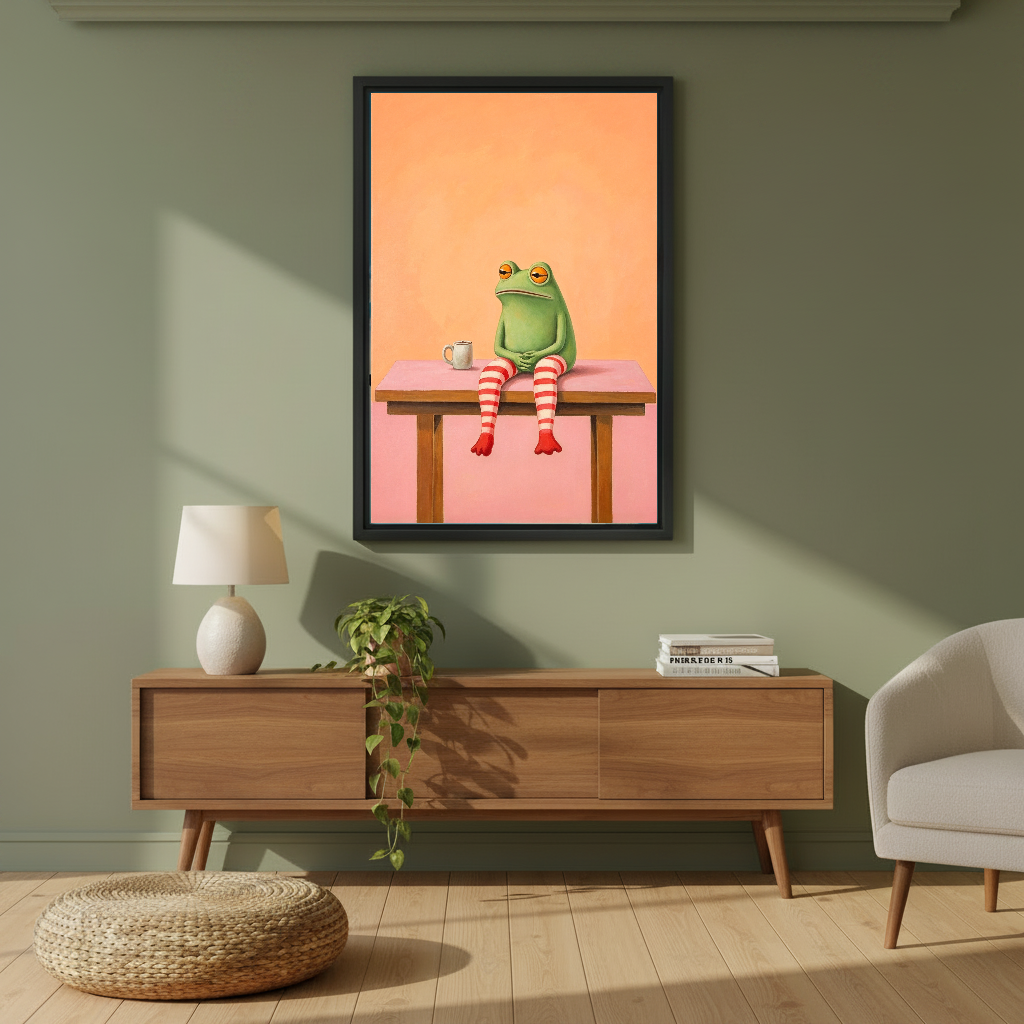 Coffee Frog Canvas Wall Art framed above a wooden console against an olive wall.