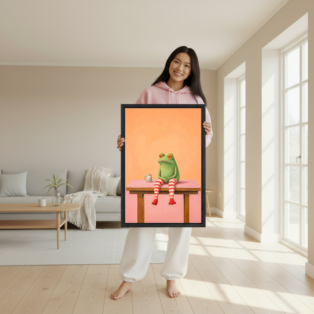 Coffee Frog Canvas Wall Art held by a woman wearing pink in a bright room.
