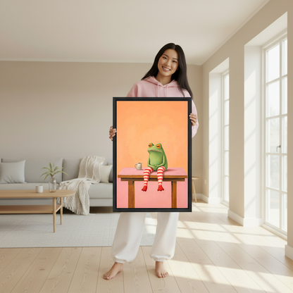 Coffee Frog Canvas Wall Art held by a woman wearing pink in a bright room.
