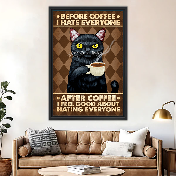 Grumpy Coffee Cat Canvas Wall Art framed above a leather sofa beside a brass lamp.