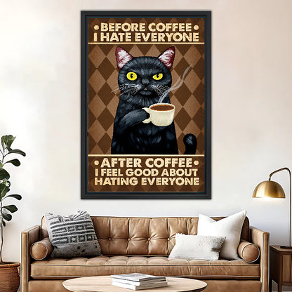 Grumpy Coffee Cat Canvas Wall Art framed above a leather sofa beside a brass lamp.
