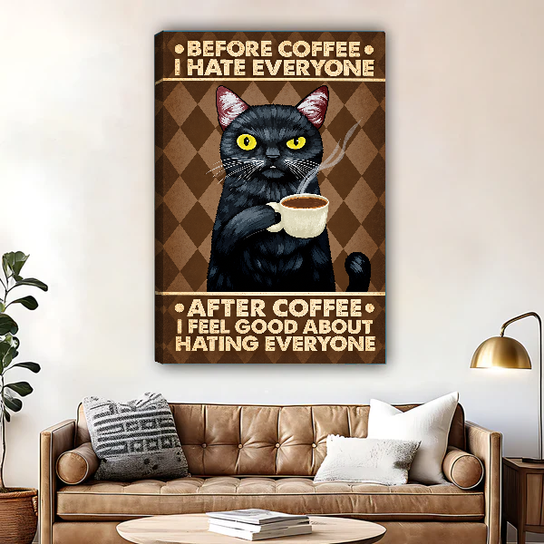 Grumpy Coffee Cat Canvas Wall Art unframed above a leather sofa and coffee table.