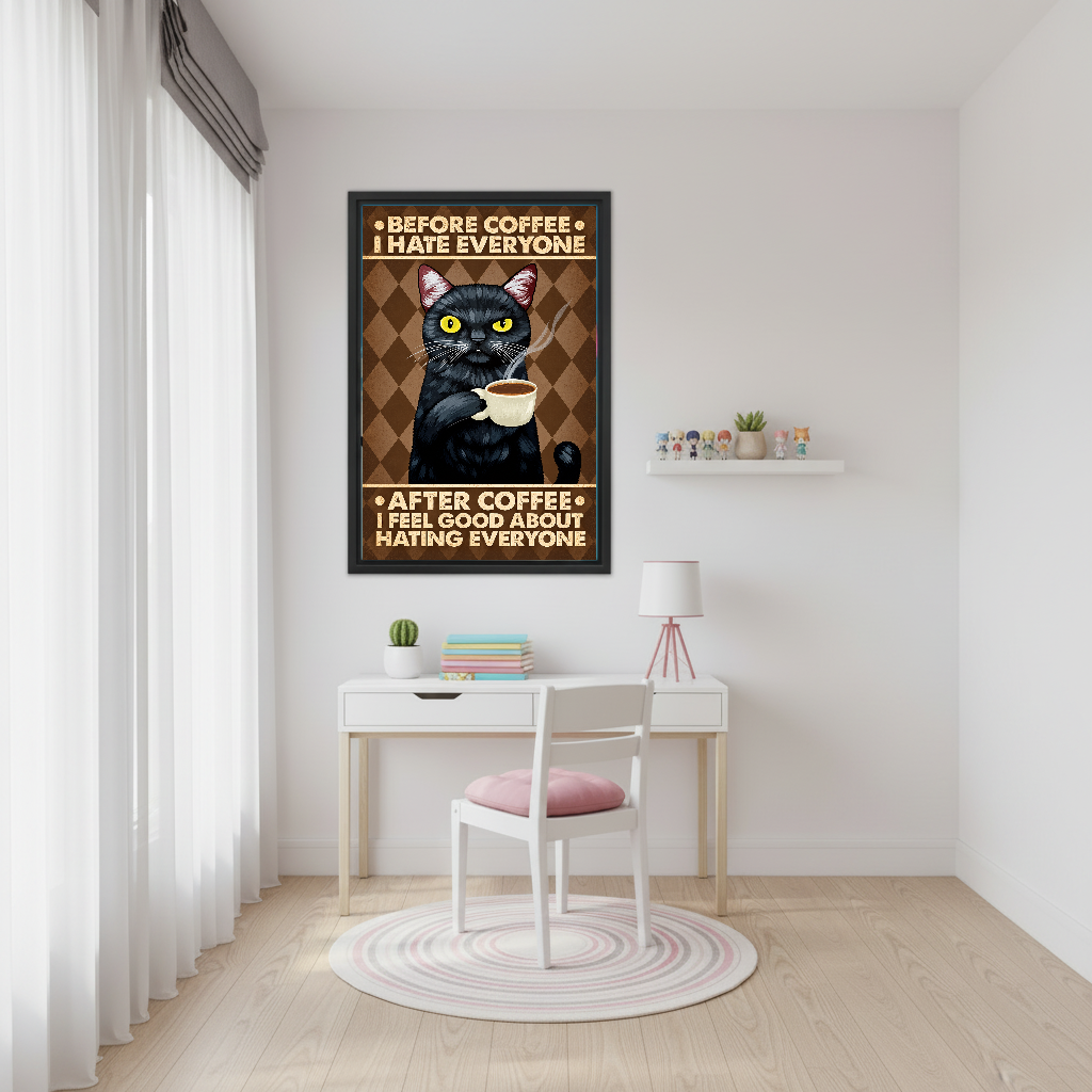 Grumpy Coffee Cat Canvas Wall Art framed above a white desk with a pink chair.
