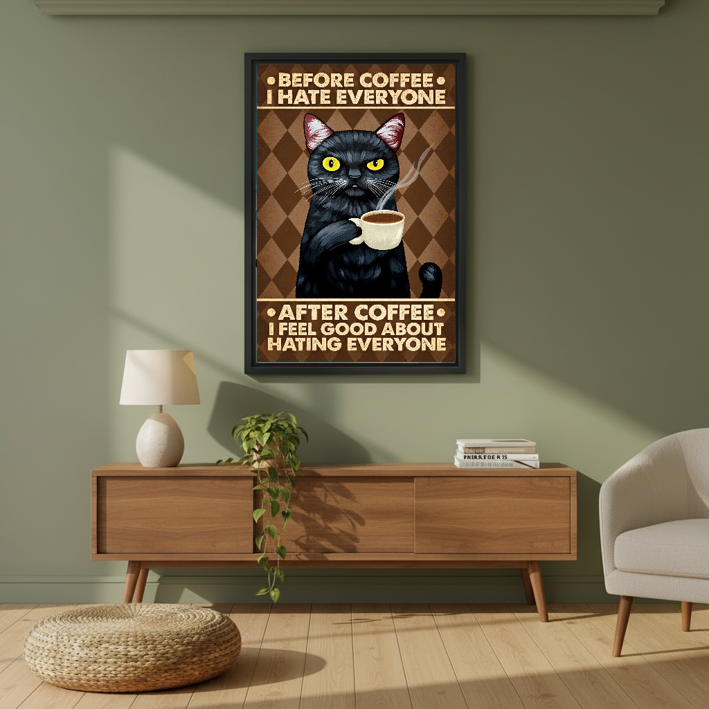 Grumpy Coffee Cat Canvas Wall Art framed above a wooden console against an olive wall.