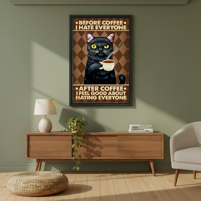 Grumpy Coffee Cat Canvas Wall Art framed above a wooden console against an olive wall.