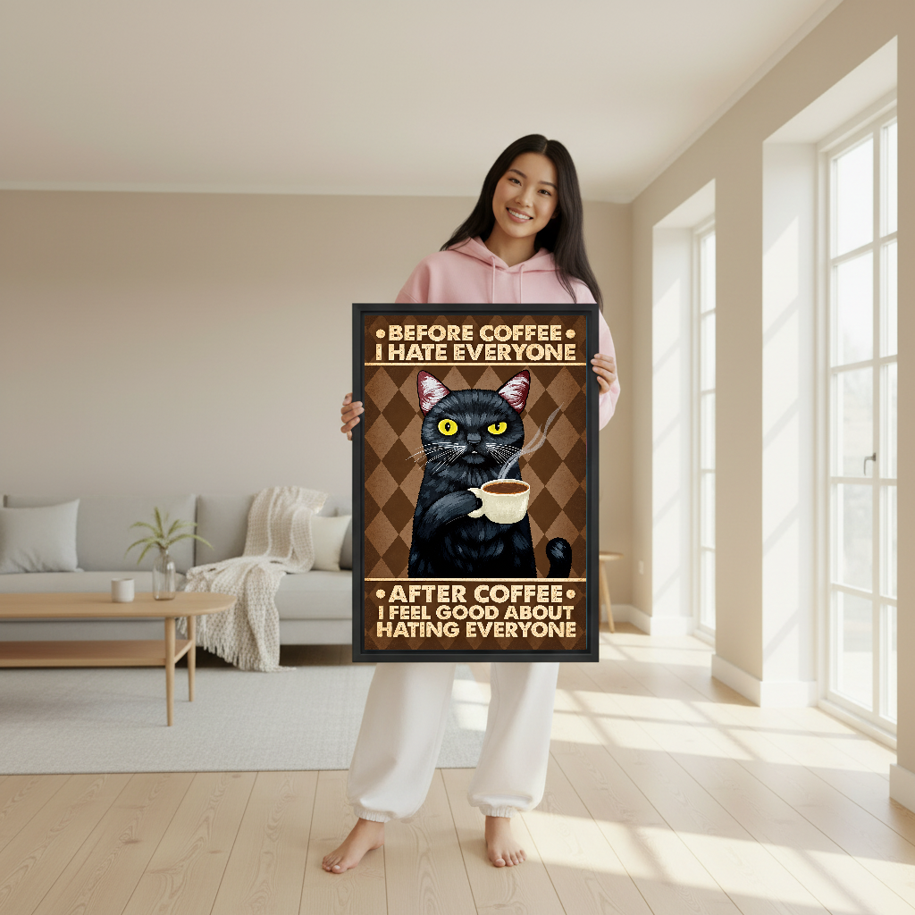 Grumpy Coffee Cat Canvas Wall Art held by a woman wearing pink in a bright room.