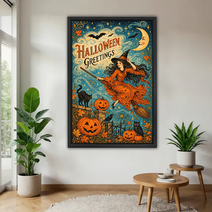Halloween Greetings Canvas Wall Art framed above a wood table with green plants.